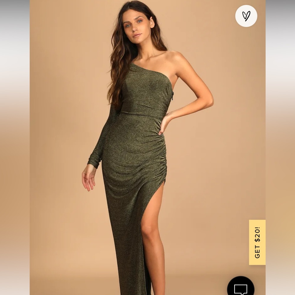 Lulus NWT Precious Prize Gold Metallic One-Shoulder Long Sleeve Maxi Dress